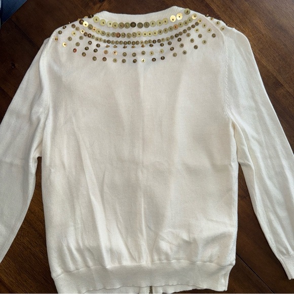 Michael Kors Cardigan Sweater Gold Sequin Cream Cotton Lined Zip Front S / P - Picture 10 of 11